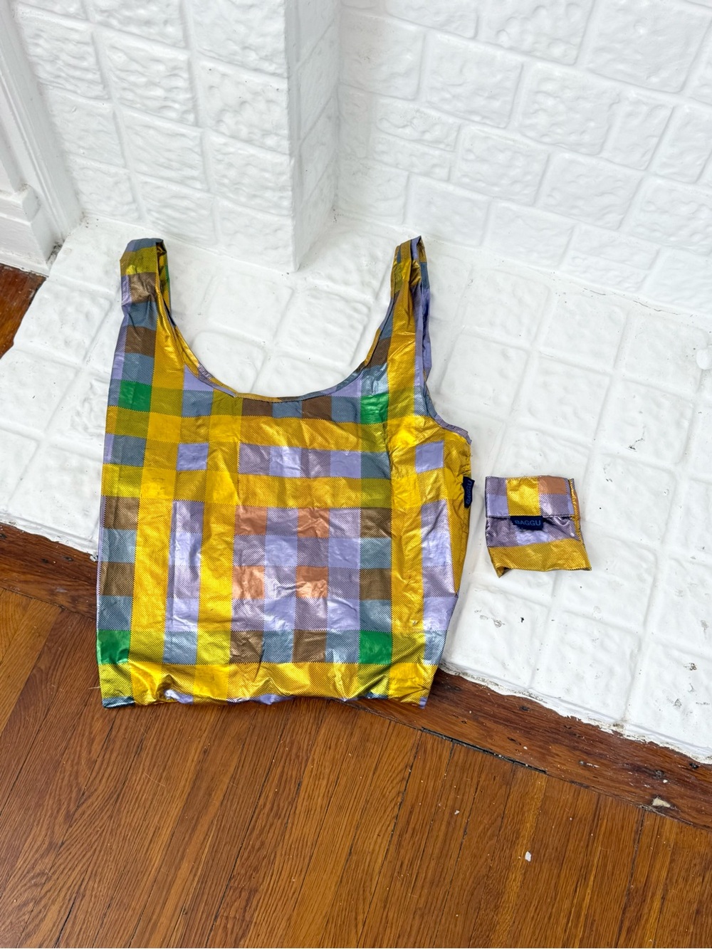 ✧ metallic plaid baggu reusable tote bag ✧